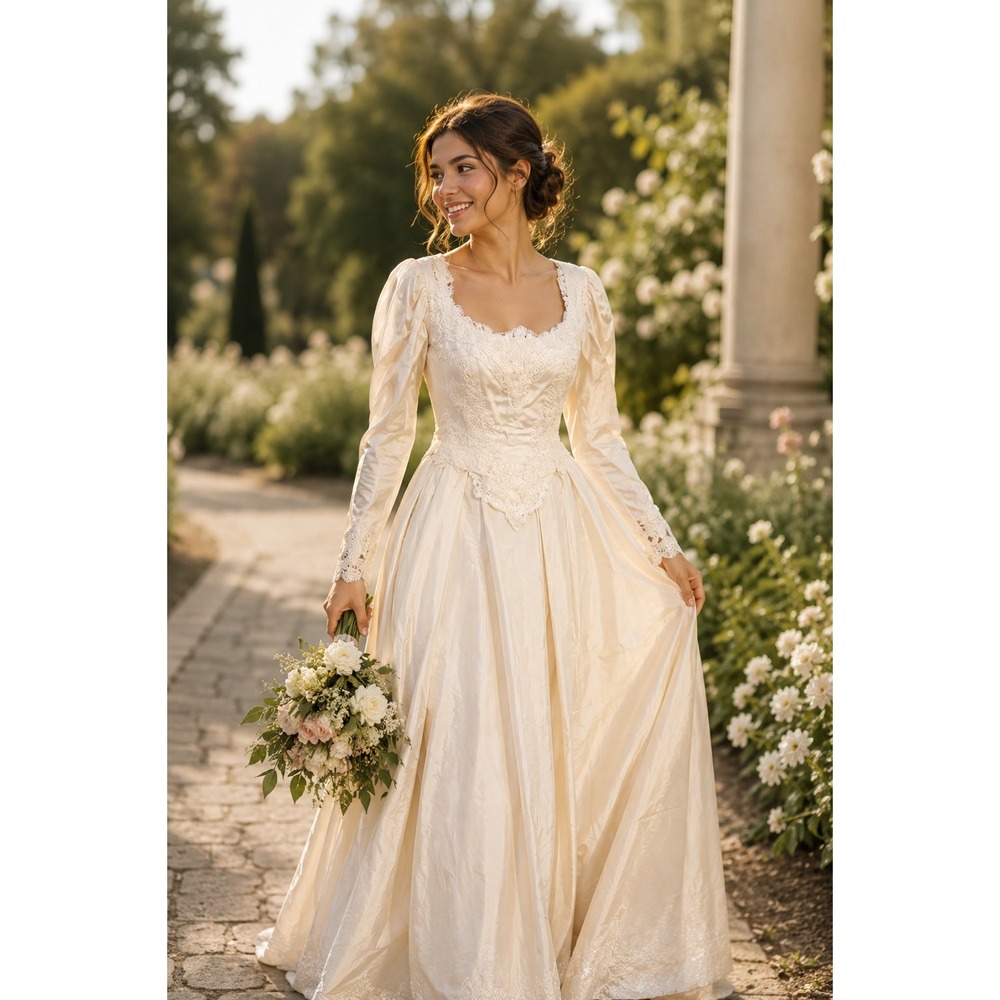 Vintage Ivory Satin Lace Beaded Long Sleeve Wedding Dress Gown Size 6/8 Cream